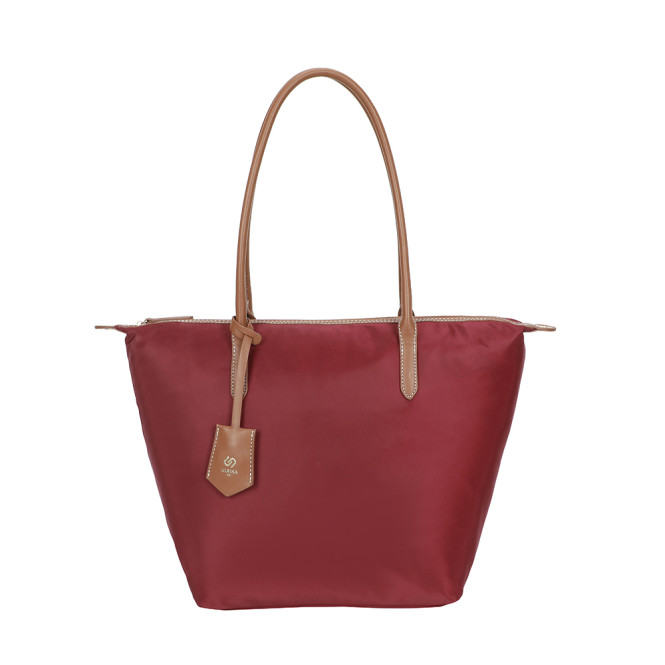 Shopper nylon med bruna handtag vinröd Ulrika Design