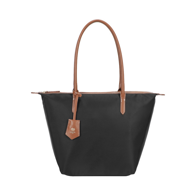 Shopper nylon med bruna handtag svart Ulrika Design