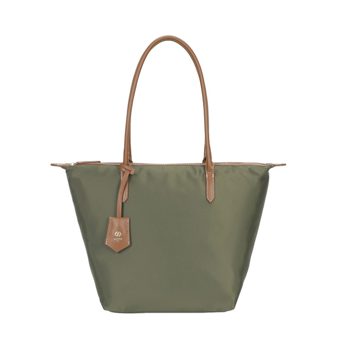 Shopper nylon med bruna handtag olivgrön Ulrika Design