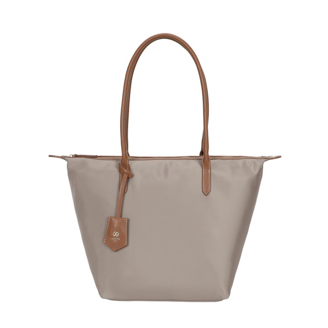 Shopper nylon med bruna handtag taupe Ulrika Design