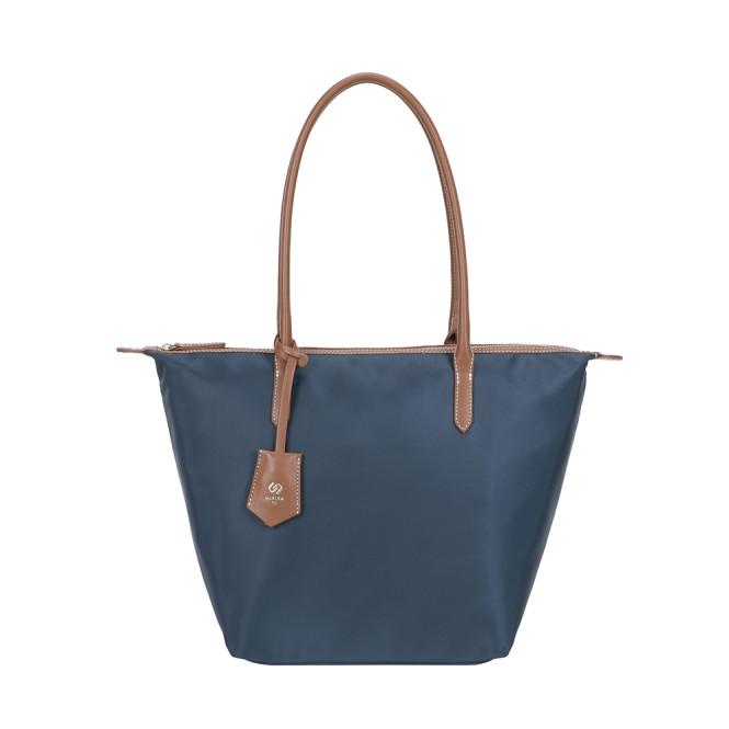 Shopper nylon med bruna handtag marin Ulrika Design